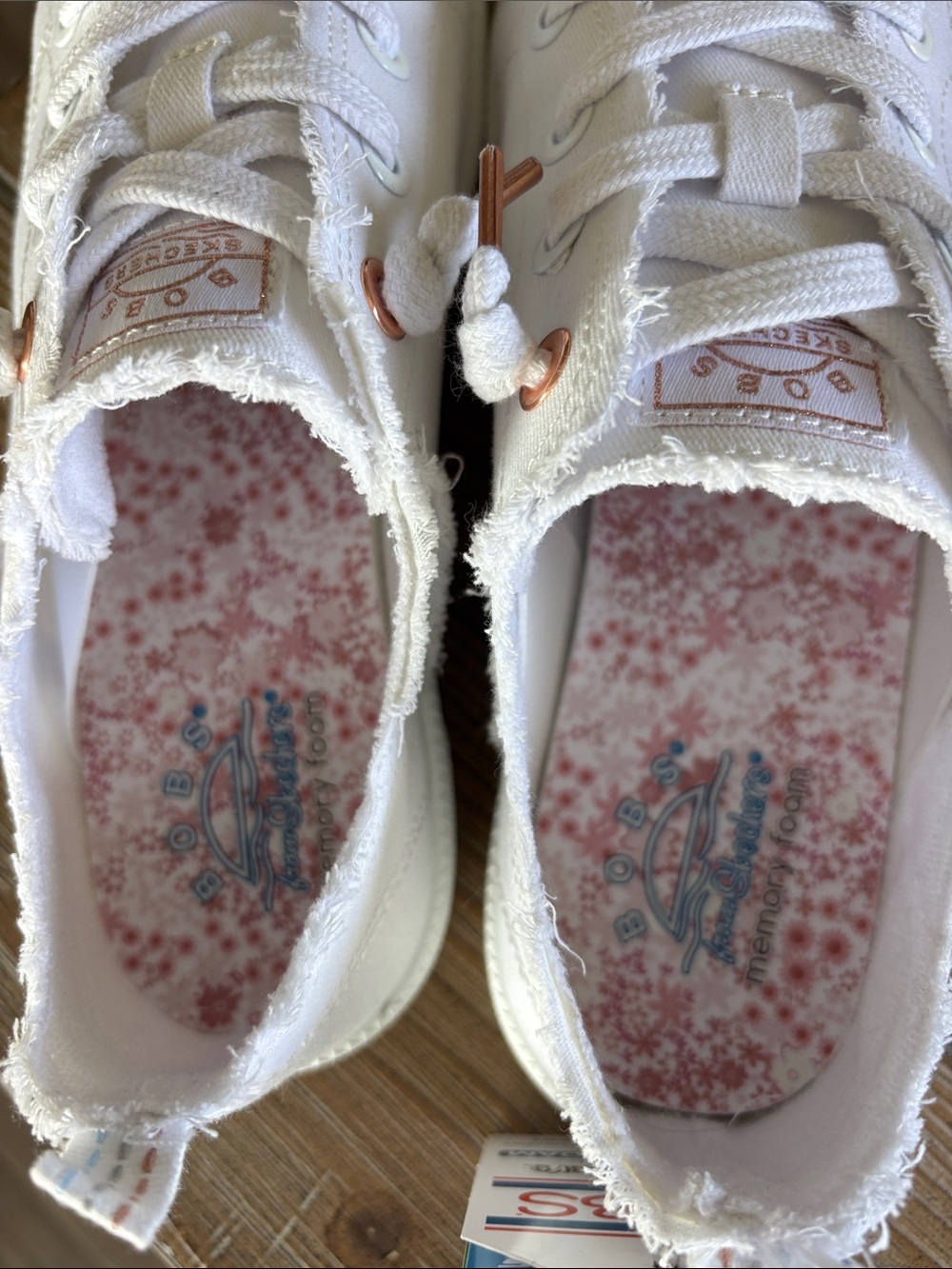 Bob’s from Skechers White Canvas Memory Foam Sneakers with Rose Gold Accents - Picture 4 of 10